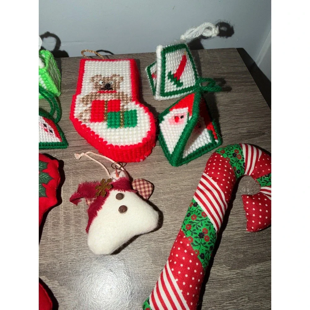 Vintage Christmas Ornament Lot Plastic Canvas Needlepoint Handmade Retro